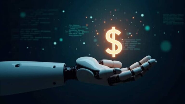 Robotic hand holding US dollar bills with a microchip background - How to make money with AI