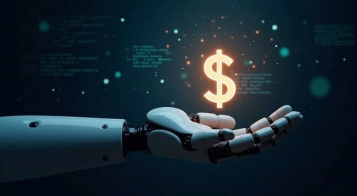 Robotic hand holding US dollar bills with a microchip background - How to make money with AI